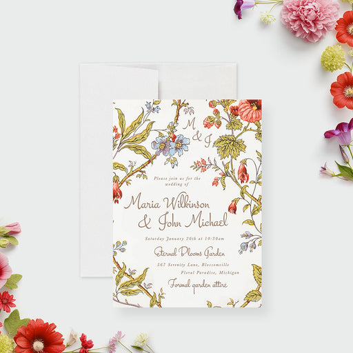 Vintage botanical wedding invitation with floral garden design, delicate illustrated flowers, and elegant script lettering-front
