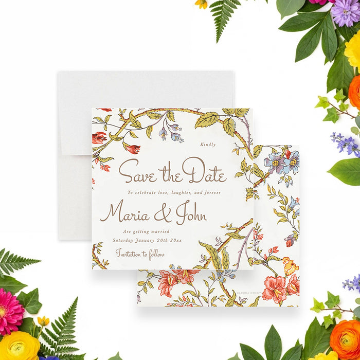 Vintage botanical wedding save the date card with floral garden design, delicate illustrated flowers, and elegant script text-front-back