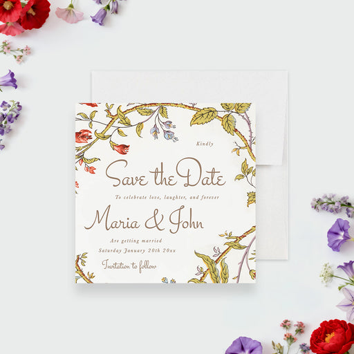 Vintage botanical wedding save the date card with floral garden design, delicate illustrated flowers, and elegant script text-front