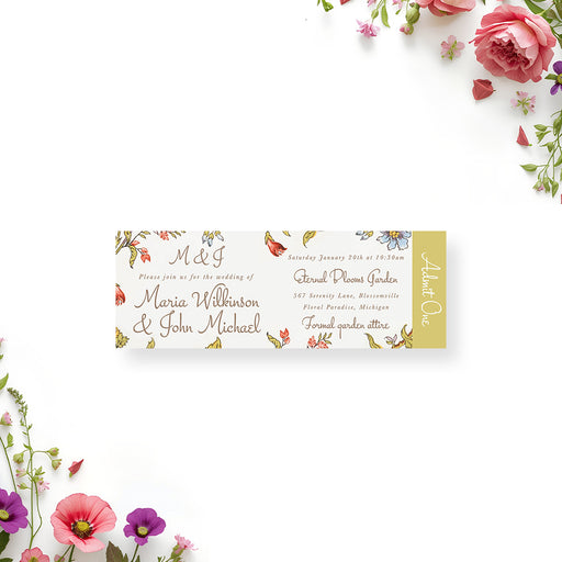 Floral garden wedding ticket invitation featuring vintage botanical illustrations with elegant lettering and admit one ticket layout.
