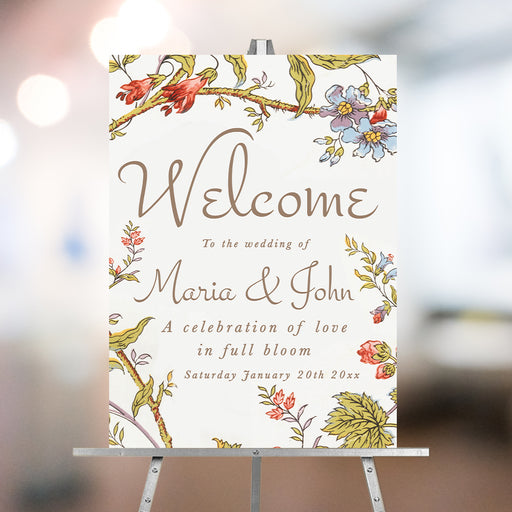 Vintage botanical wedding welcome sign featuring elegant floral garden illustrations with soft neutral tones, perfect for a romantic wedding entrance display.
