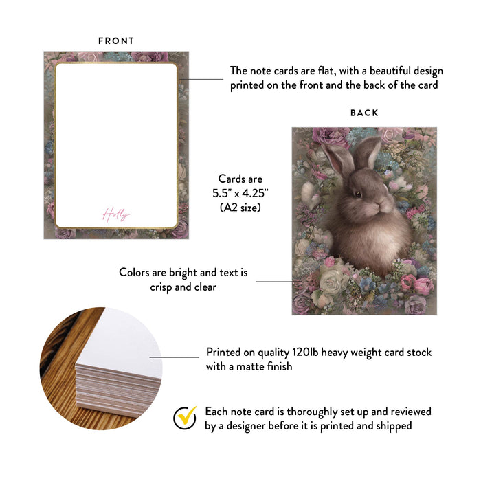 Easter note card featuring a realistic brown bunny surrounded by vintage-style flowers with a gold frame and space for personalization.