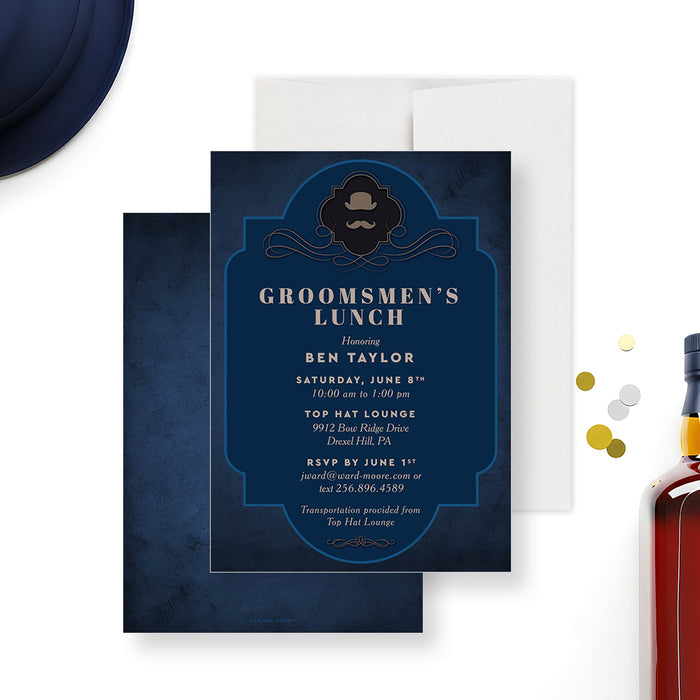 vintage bachelor party invitation with gentleman mustache and top hat masculine design-front-back