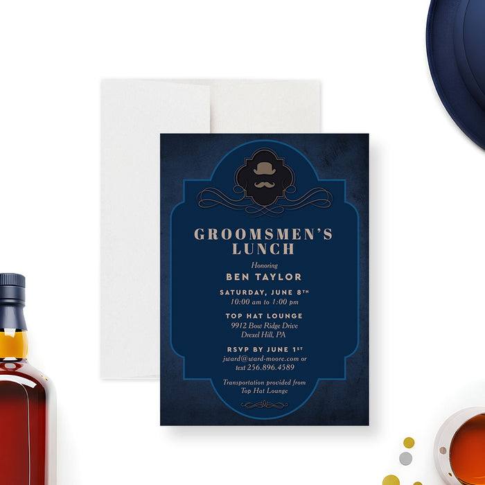 vintage bachelor party invitation with gentleman mustache and top hat masculine design-front