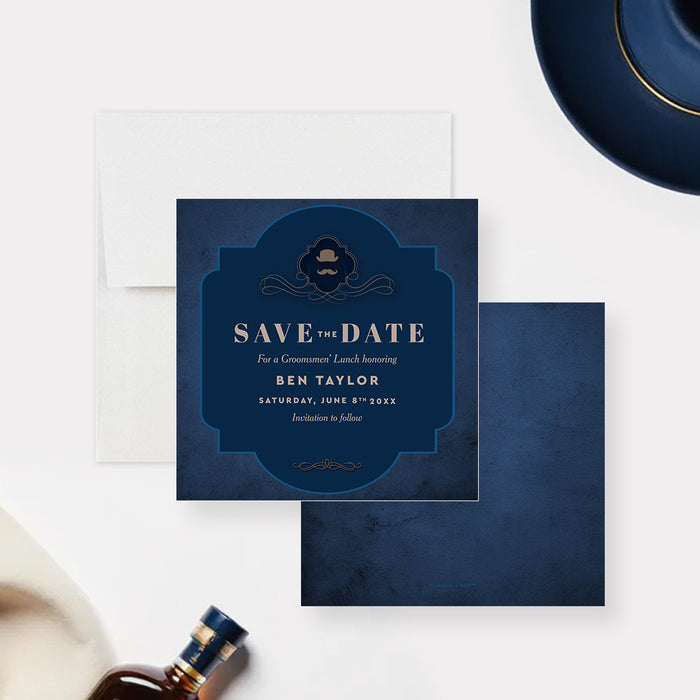 navy blue groomsmen save the date card with vintage gentleman theme, top hat emblem, and masculine bachelor party styling-front-back
