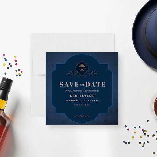 navy blue groomsmen save the date card with vintage gentleman theme, top hat emblem, and masculine bachelor party styling-front