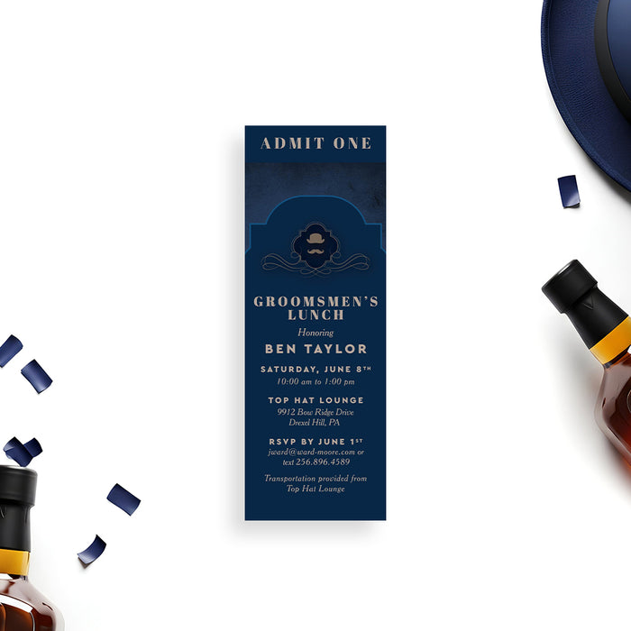 vintage bachelor party ticket invitation with navy blue gentleman mustache and top hat masculine design