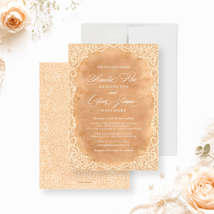 Vintage peach wedding invitation with white lace borders, elegant script names, and personalized wedding details.