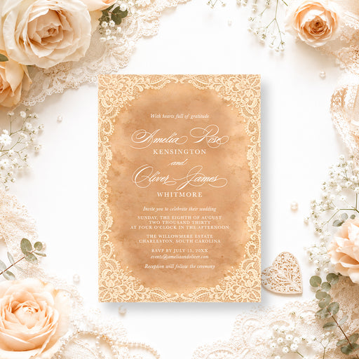 Vintage peach wedding invitation with white lace borders, elegant script names, and personalized wedding details.