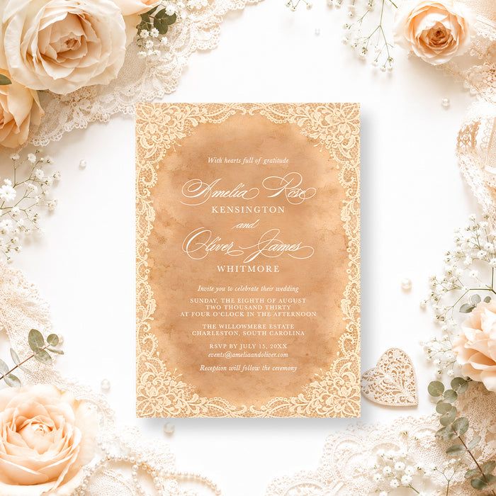 Vintage peach wedding invitation with white lace borders, elegant script names, and personalized wedding details.