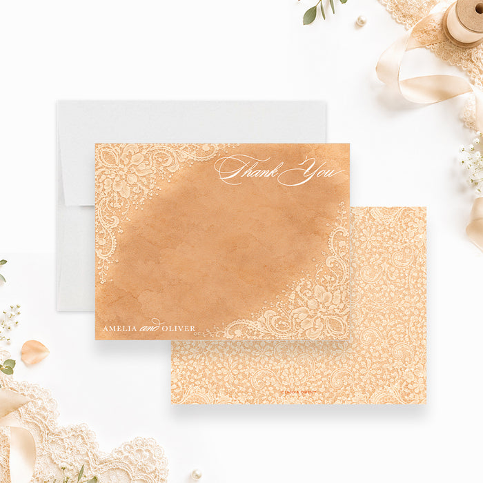 Vintage peach wedding thank you card with white floral lace details, elegant script lettering, and personalized couple names.