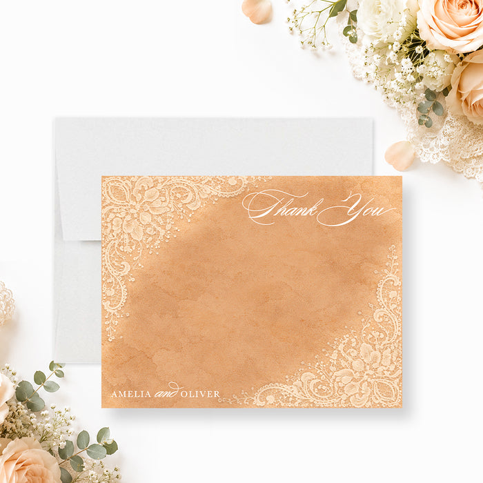 Vintage peach wedding thank you card with white floral lace details, elegant script lettering, and personalized couple names.