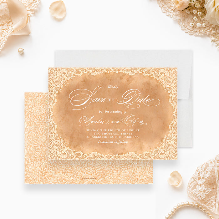 Vintage peach wedding save the date card with white lace borders, elegant script lettering, and personalized wedding details.