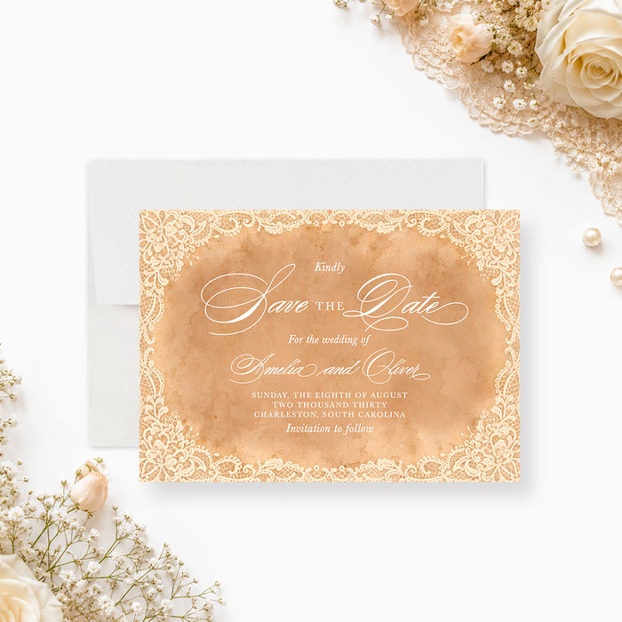 Vintage peach wedding save the date card with white lace borders, elegant script lettering, and personalized wedding details.