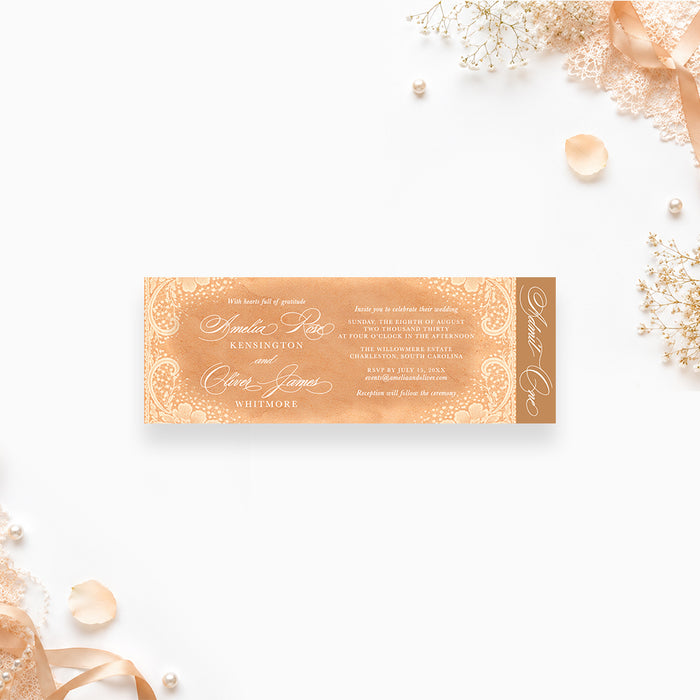 Vintage peach wedding ticket invitation with white floral lace borders, elegant script lettering, and personalized wedding details.