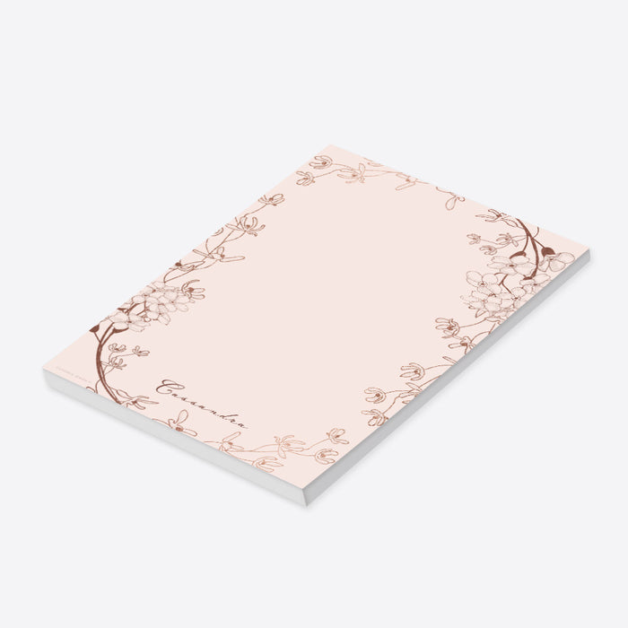 personalized blush pink floral notepad with custom name and vintage botanical wreath design for notes, gifts, and planning-side