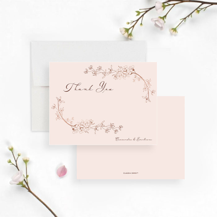 blush pink floral thank you card with a delicate botanical wreath for romantic wedding thank you notes-front-back