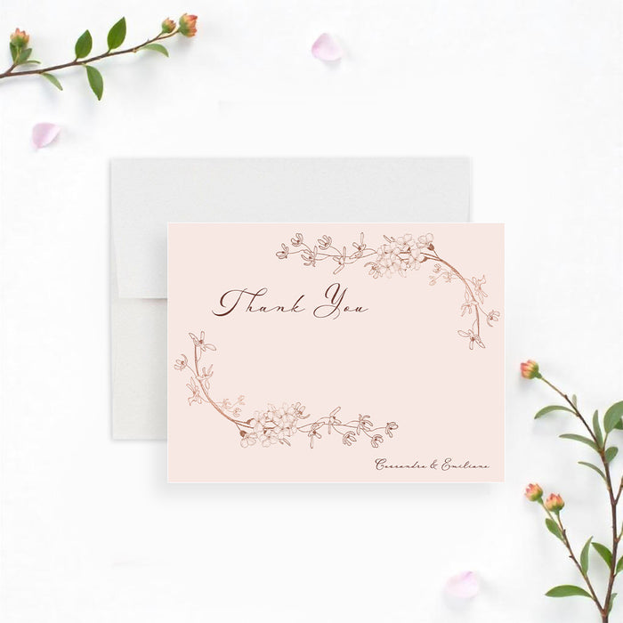 blush pink floral thank you card with a delicate botanical wreath for romantic wedding thank you notes-front