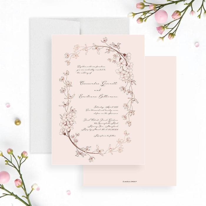blush pink floral wedding invitation with a vintage botanical wreath design for a romantic garden wedding-front-back