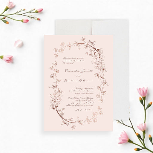 blush pink floral wedding invitation with a vintage botanical wreath design for a romantic garden wedding-front