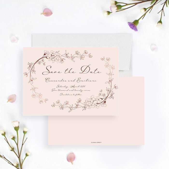 blush pink floral save the date card with a vintage botanical wreath design for a romantic garden wedding ceremony-front-back