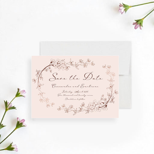 blush pink floral save the date card with a vintage botanical wreath design for a romantic garden wedding ceremony-front