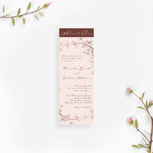 blush pink floral ticket invitation with a vintage botanical wreath design for a romantic garden wedding