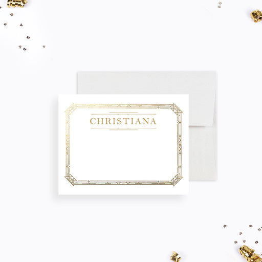 Personalized note card with Art Deco gold frame design, featuring a custom name and minimalist layout for elegant stationery-front