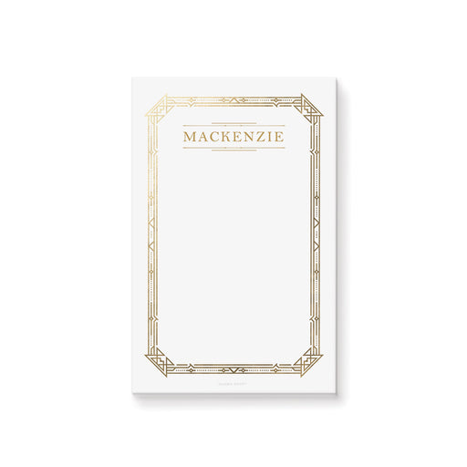 Personalized notepad with elegant Art Deco gold frame design, featuring a custom name and minimalist layout for stylish stationery