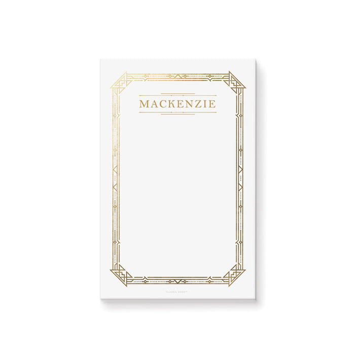 Personalized notepad with elegant Art Deco gold frame design, featuring a custom name and minimalist layout for stylish stationery