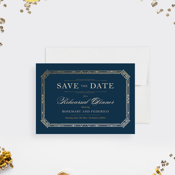 Art Deco save the date card with navy blue background and gold geometric border, designed for an elegant rehearsal dinner announcement-front