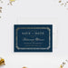 Art Deco save the date card with navy blue background and gold geometric border, designed for an elegant rehearsal dinner announcement-front