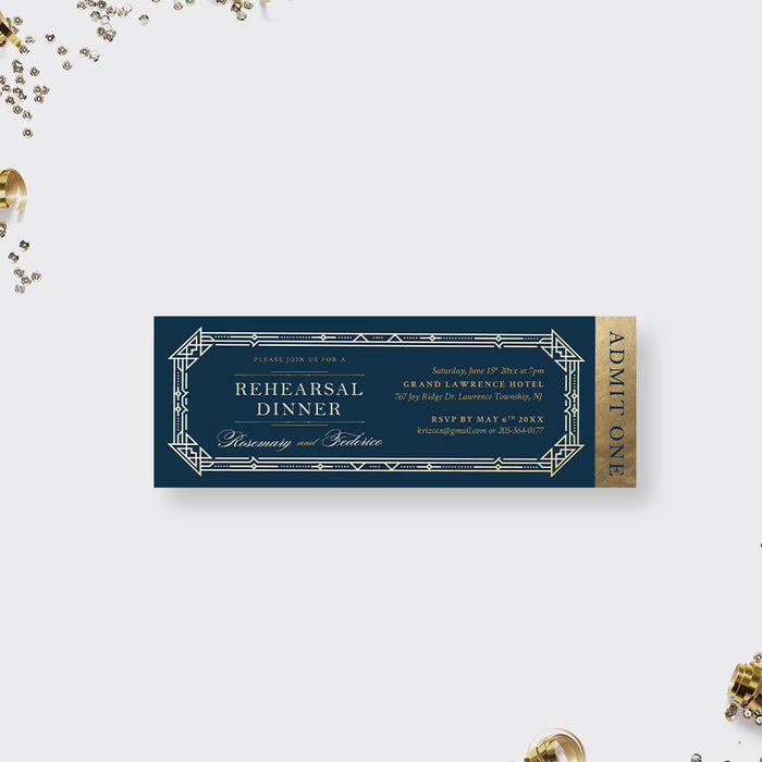 Art Deco rehearsal dinner ticket invitation with navy background, gold geometric border, and admit one detail for an elegant wedding event.
