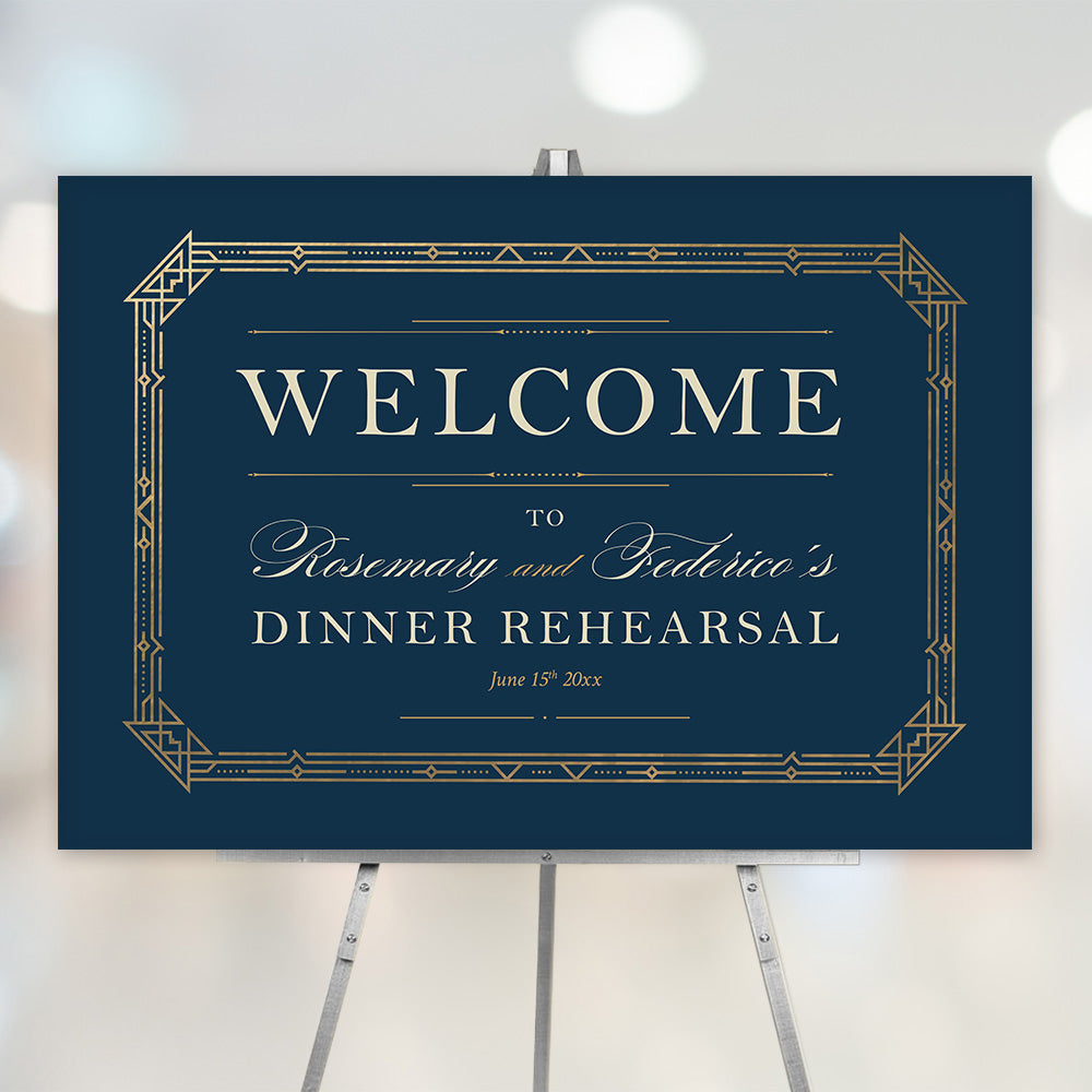 Art Deco Rehearsal Dinner Welcome Sign Navy Gold Wedding Decor