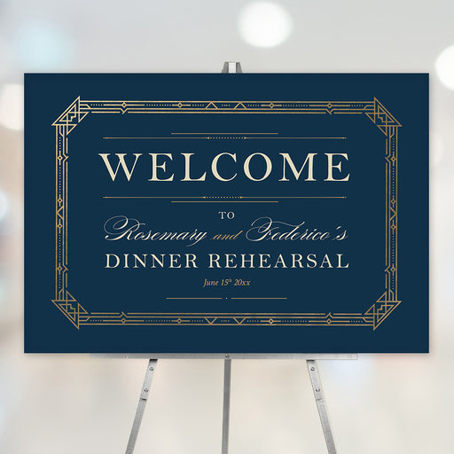 Art deco rehearsal dinner welcome sign navy gold geometric frame wedding decor