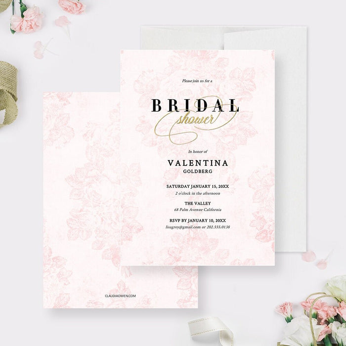 vintage rose bridal shower invitation in blush pink with classic floral background