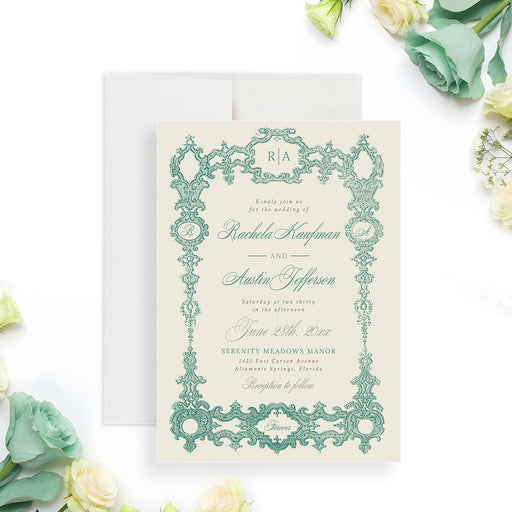 Vintage green wedding invitation with an intricate baroque frame and an elegant European-style border design -front