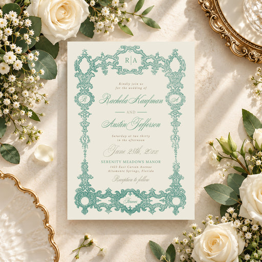 Vintage green wedding invitation with an intricate baroque frame and an elegant European-style border design-front