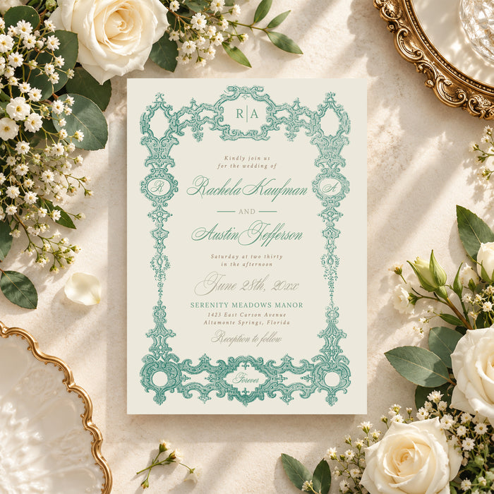Vintage green wedding invitation with an intricate baroque frame and an elegant European-style border design-front