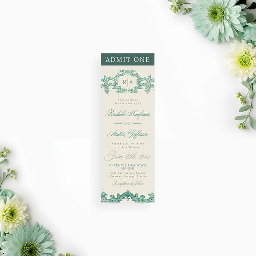 Vintage green baroque ticket style wedding invitation with intricate filigree frame
