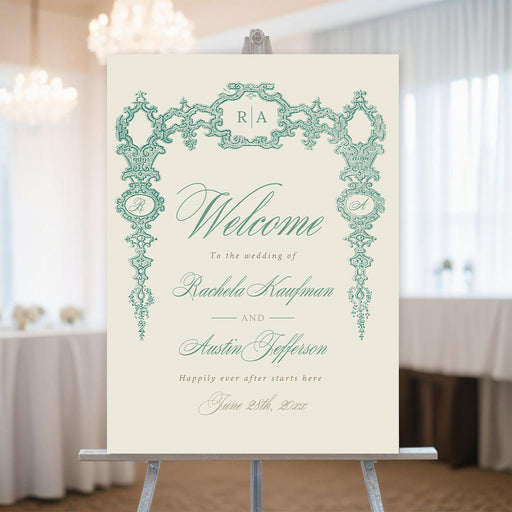 Vintage green baroque wedding welcome sign displayed on an easel at an elegant reception venue
