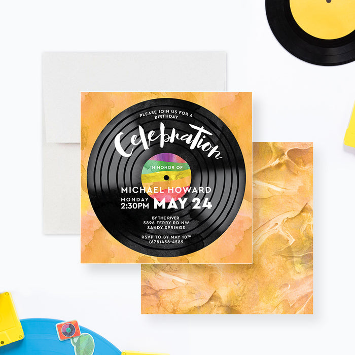 vinyl record birthday invitation with retro music theme and warm watercolor background-front-back