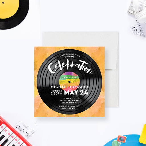 vinyl record birthday invitation with retro music theme and warm watercolor background-front