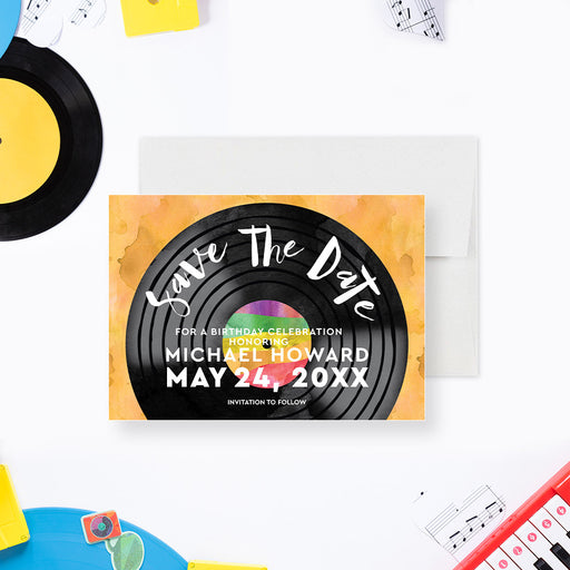vinyl record birthday save the date card with retro music design and colorful record label-front