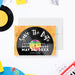vinyl record birthday save the date card with retro music design and colorful record label-front