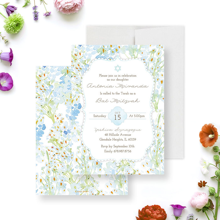 Personalized blue and green floral Bat Mitzvah invitation with Star of David and custom ceremony details-front-back