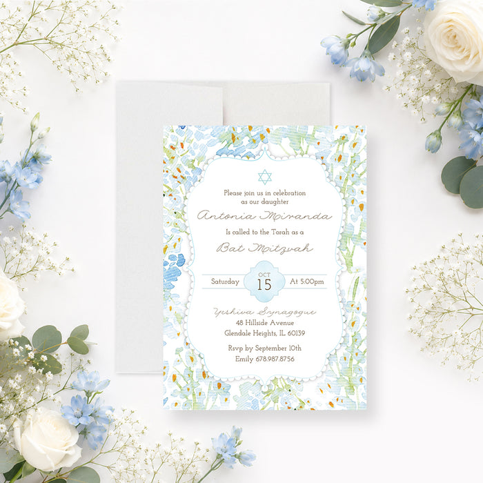 Personalized blue and green floral Bat Mitzvah invitation with Star of David and custom ceremony details-front