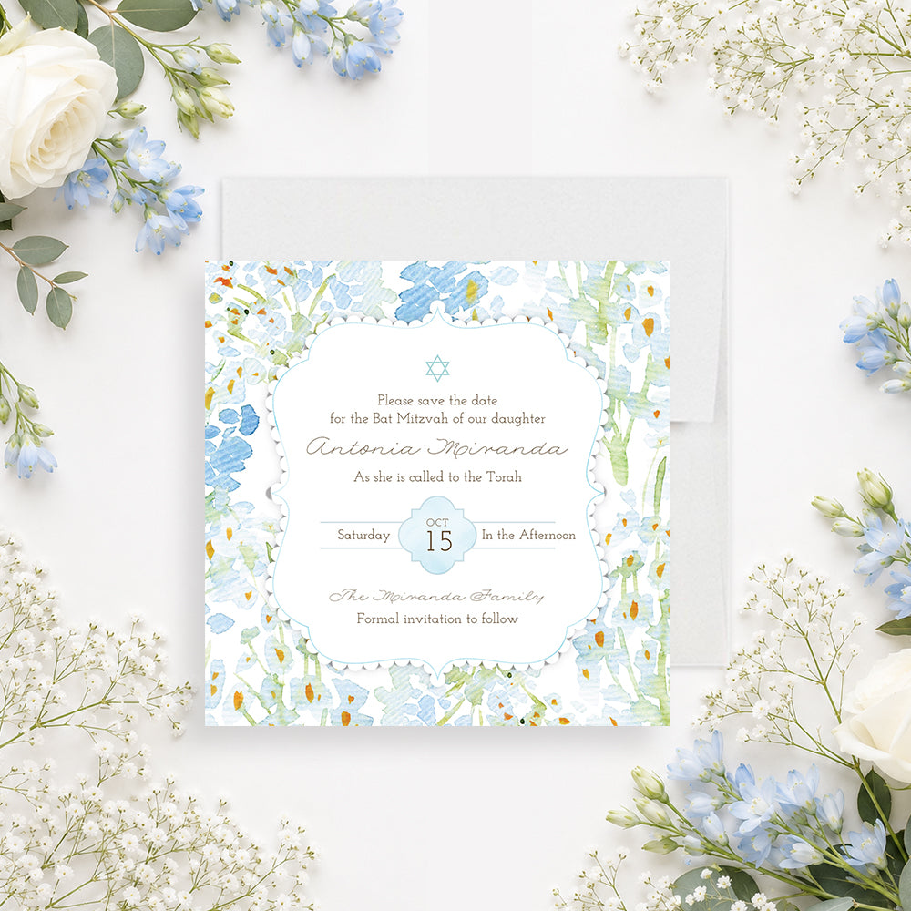 Personalized blue and green floral Bat Mitzvah save the date with Star of David, honoree name and ceremony date-front