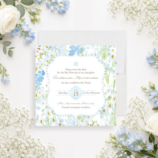 Personalized blue and green floral Bat Mitzvah save the date with Star of David, honoree name and ceremony date-front