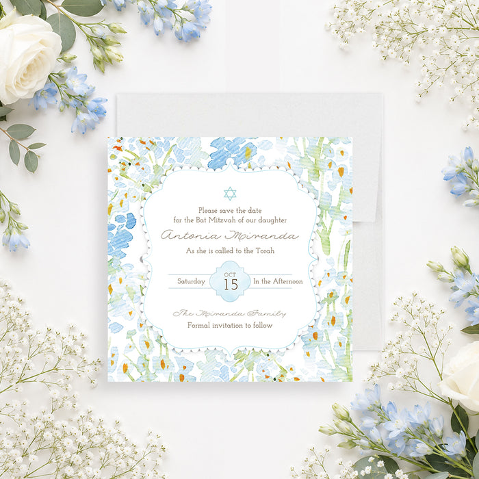 Personalized blue and green floral Bat Mitzvah save the date with Star of David, honoree name and ceremony date-front